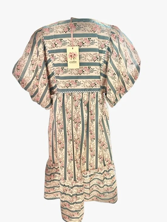 Entro Cottage Core Midi Dress with Light Blue and Pink Floral Stripes Size M NWT - Picture 3 of 6